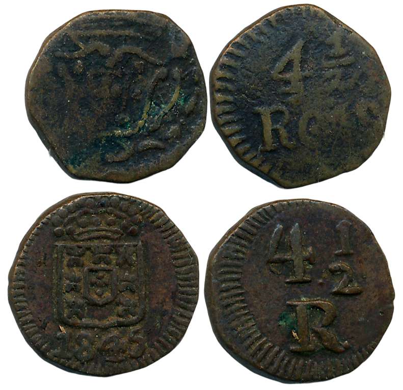 Copper, 4 1/2 Reis (2), 3.04g, 2.77g, Obv: Crowned arm, date below, Rev: Value. Very fine.