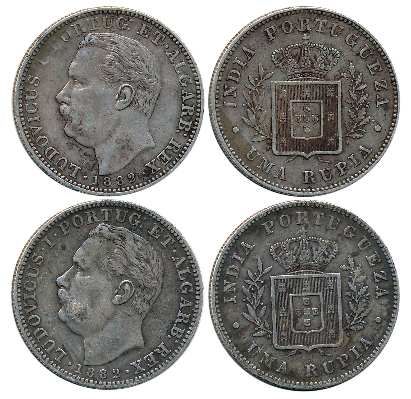 D. Luis I, Silver Rupees- Uma Rupia (2), 11.60g, 11.48g, 1882, Obv: Bust to left, Rev: Cro