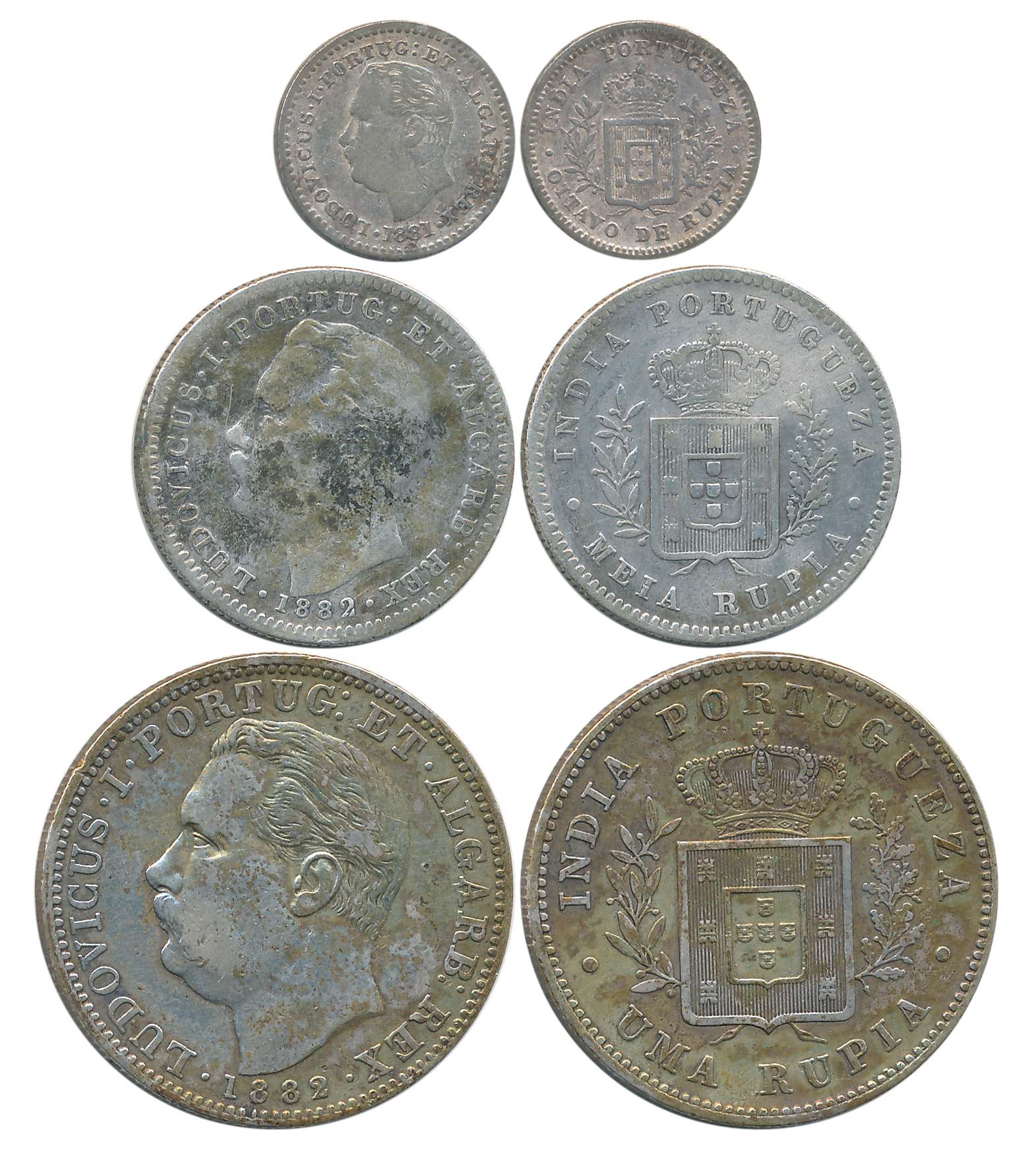 D. Luis I, Silver (3) Rupee- Uma Rupia,11.58g, 1/2 Rupee, 5.64g, 1882 & 1/8 Rupee, 1.42g, 