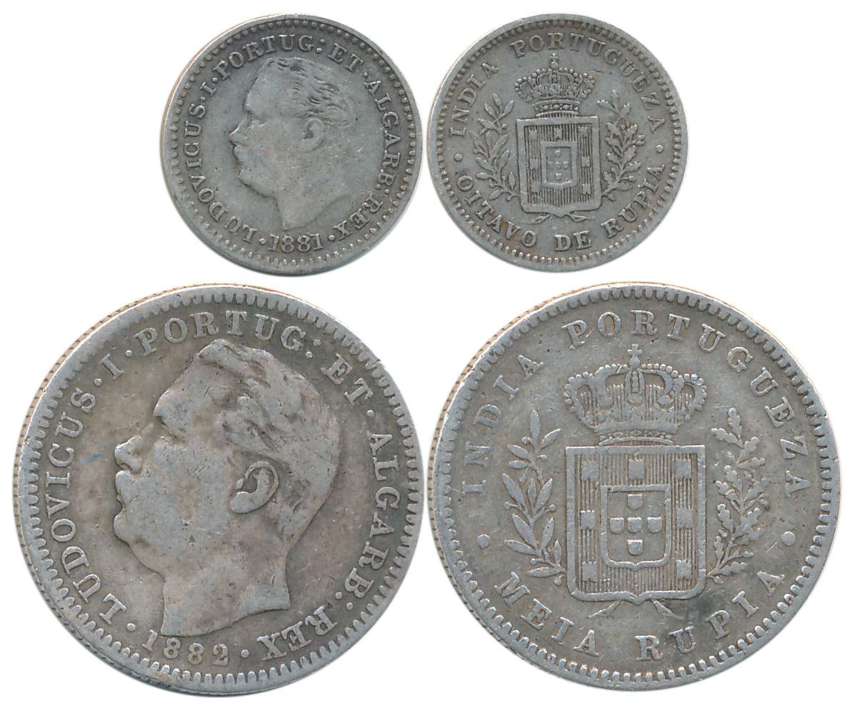 D. Luis I, Silver (2),1/2 Rupee, 5.63g, 1882 & 1/8 Rupee, 1.35g, 1881, Obv: Bust to left, 
