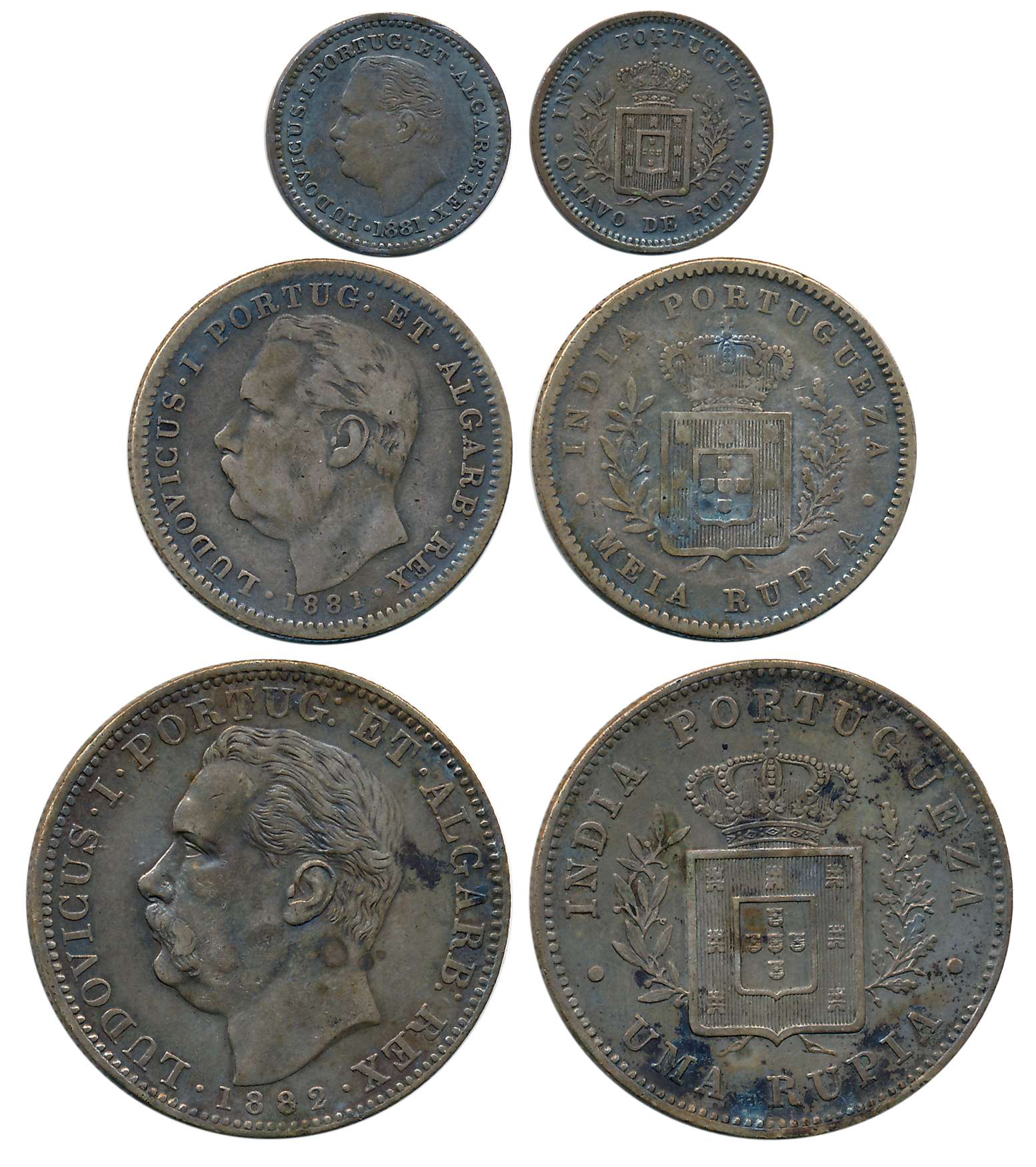 D. Luiz I, Silver (3), Rupee, 1/2 Rupee & 1/8 Rupee, 1882, 1881, 1881. Obv: Head of Luiz I