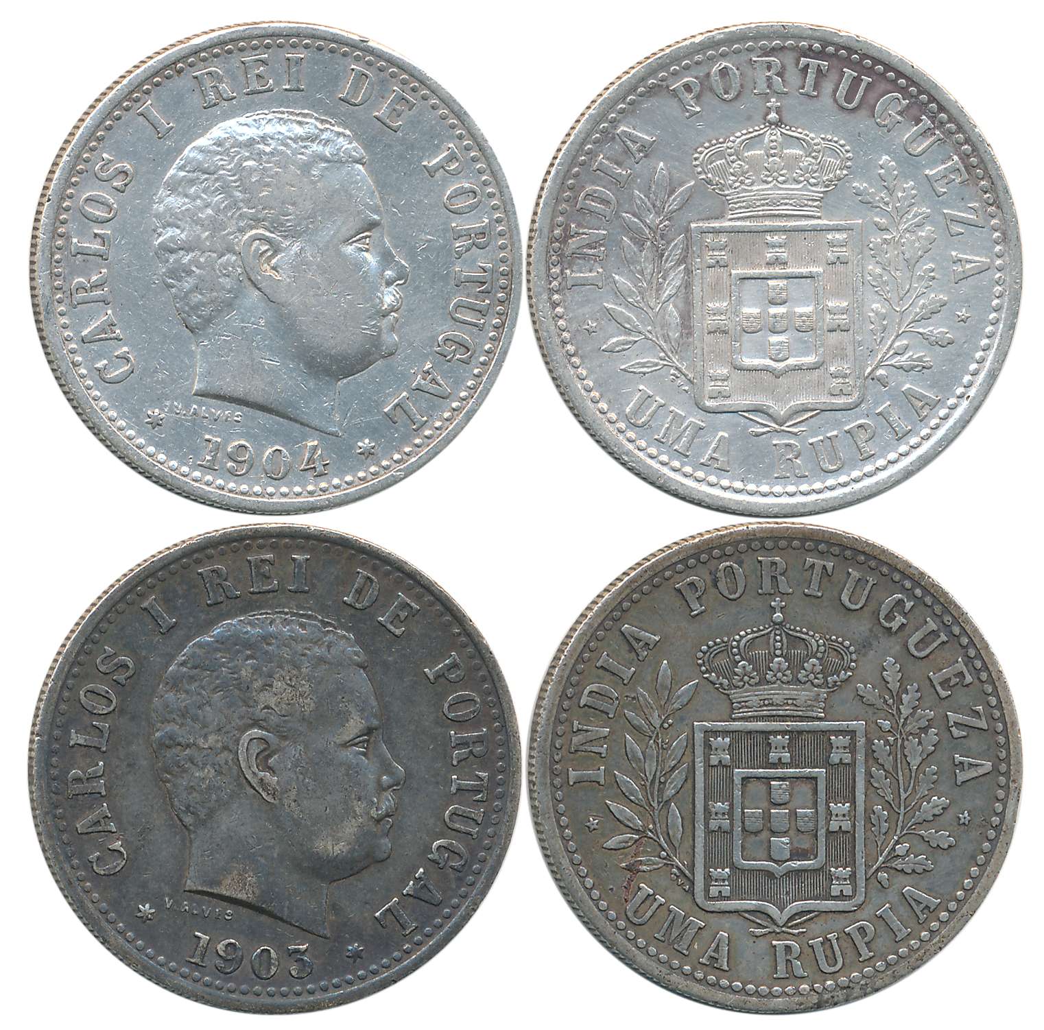 Goa, Carlos I, Silver Rupees (2), 11.57g, 11.37g, 1903, 1904, Obv: Bust to right, Rev: Cro