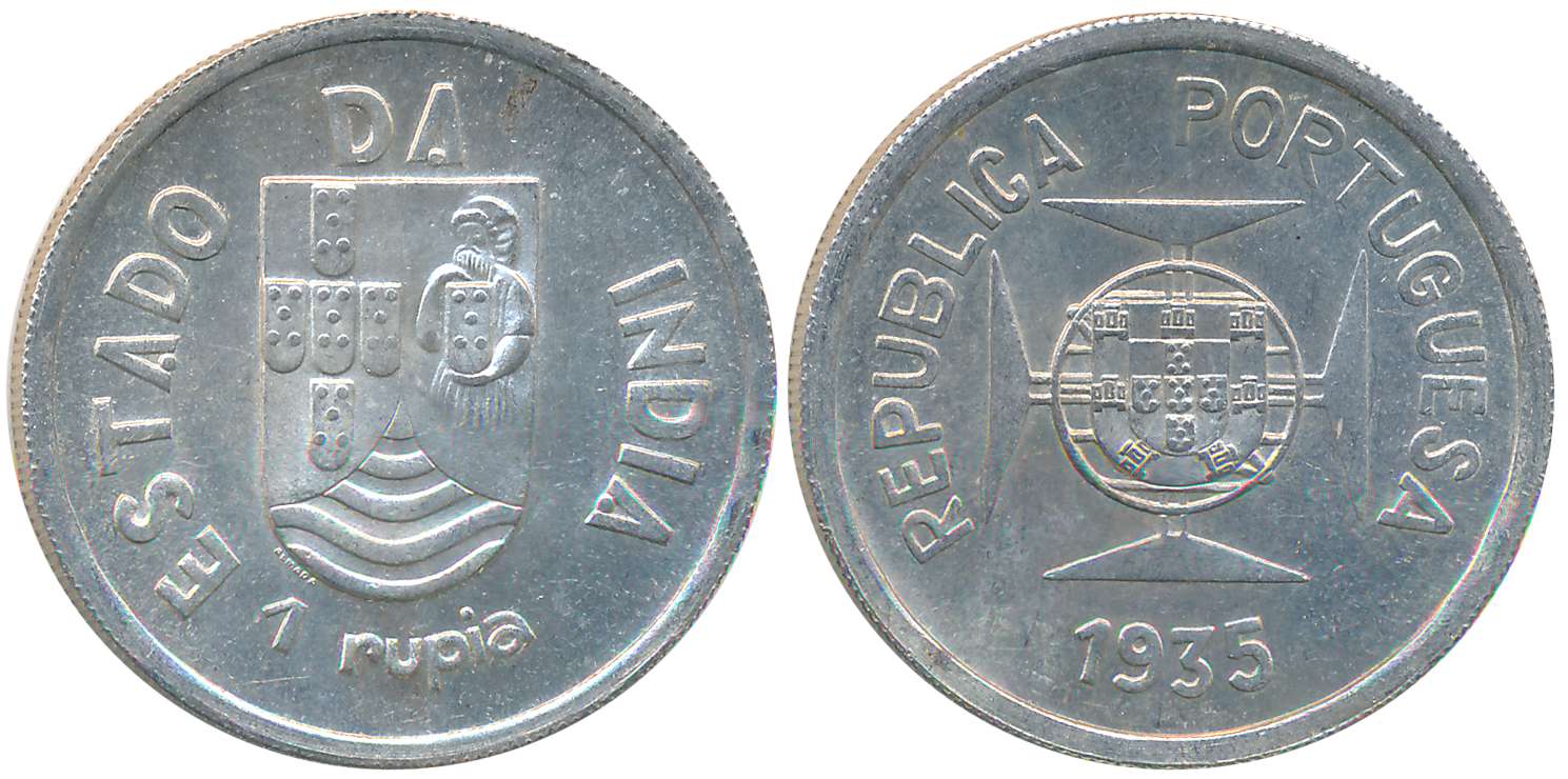 Silver Rupia, 1935, Obv: Shileld on lined circle at centre of Maltese cross, Rev: Divided 