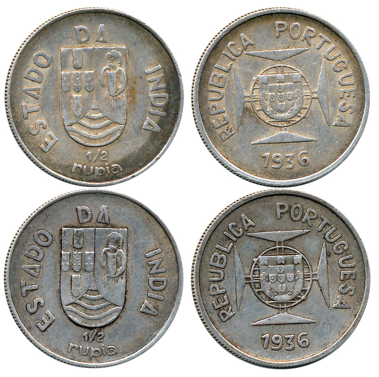 Silver 1/2 Rupees (2), 5.82g, 5.79g, 1936, Obv: Shield on lined circle at center of Maltes