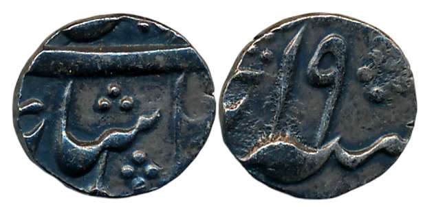 Silver 1/16 Rupee- 1 Anna, 1.45g, in the name of Shah Alam II, RY 19. About uncirculated.