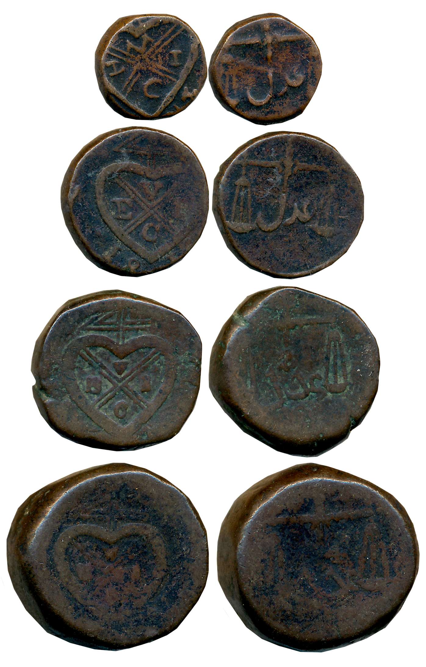 Copper Set of 4, 4 Pice, 2 Pice, Pice & 1/2 Pice, 41.58g, 20.61g, 10.56g, 4.87g, Obv: U.E.