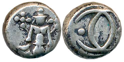 Silver 2 Fanam, 1.70g, Obv: Lord Vishnu, Rev: “C” interlocked (KM# 308). Very fine.