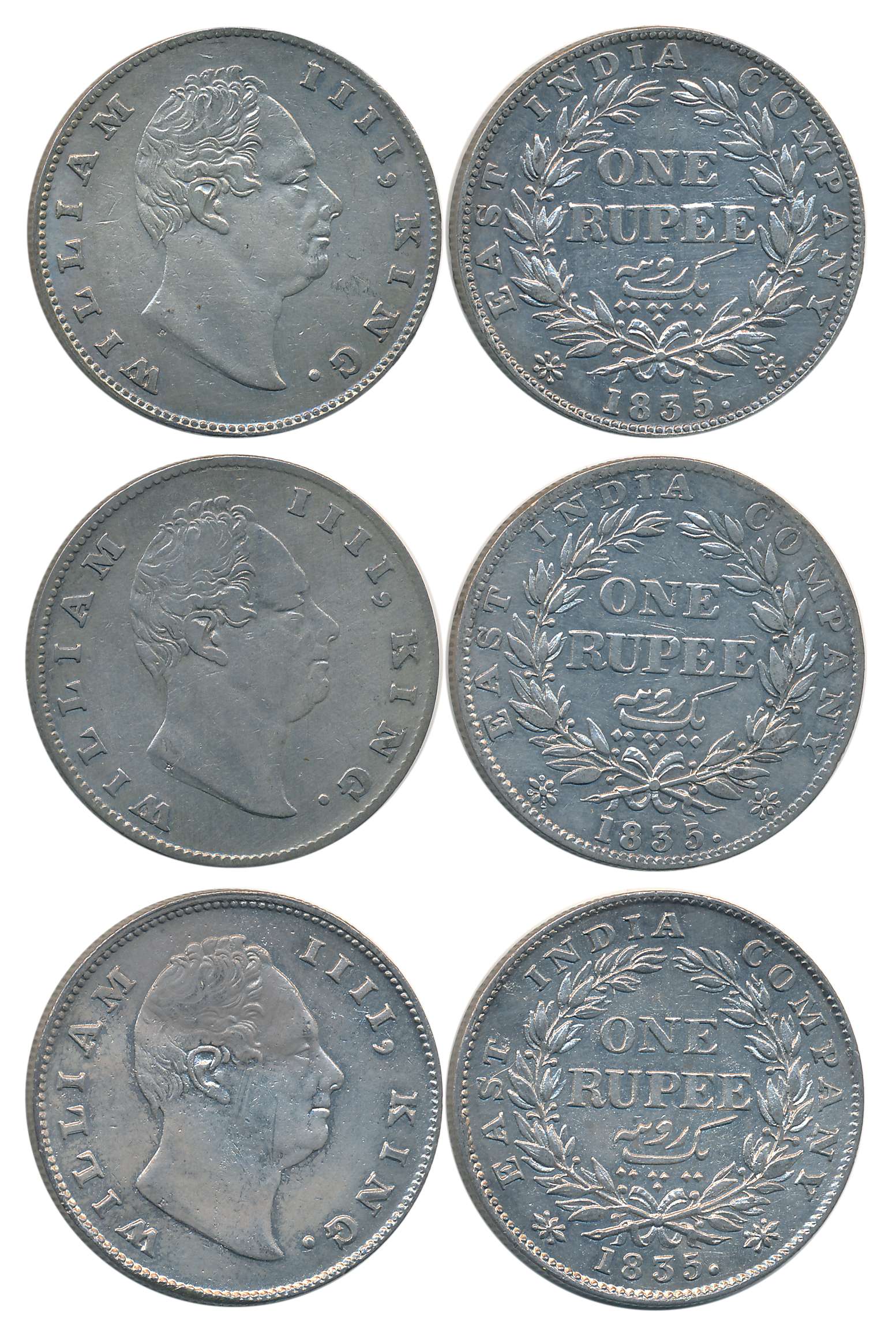 William IIII, Silver Rupees (3), 1835, F incused. Very fine to Very fine+. 3 coins.