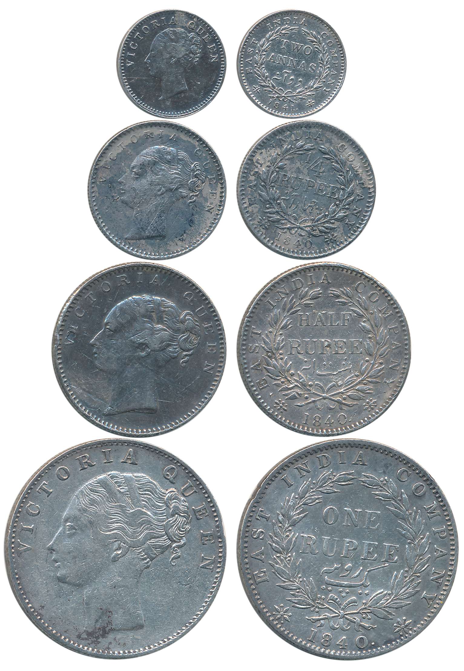 Victoria Queen, Silver (4), Rupee, 1/2 Rupee, 1/4 Rupee & 2 Anna, Continuous legend, 1840,