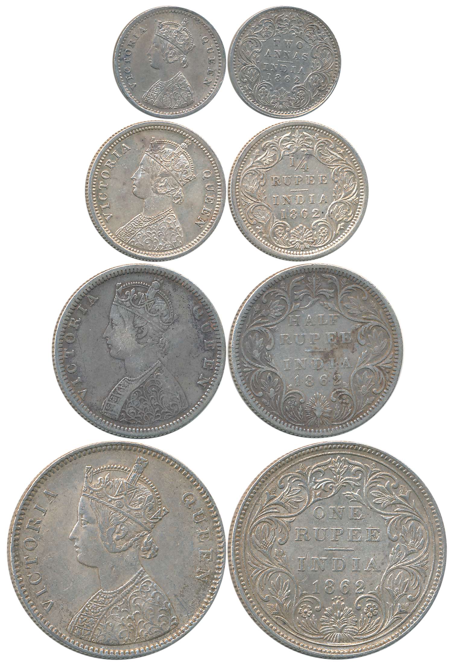 Victoria Queen, Silver (4), Rupee, 1/2 Rupee, 1/4 Rupee & 2 Anna, Divided legend, 1840, 18