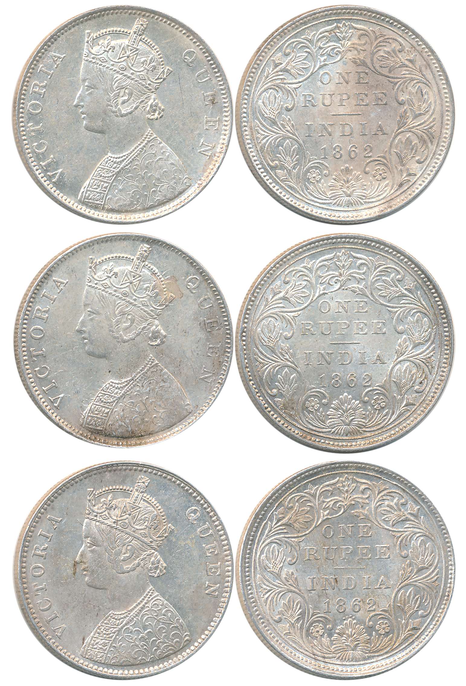 Victoria Empress, Silver Rupees (3), 1862. Extremely fine to about uncirculated. 3 coins.