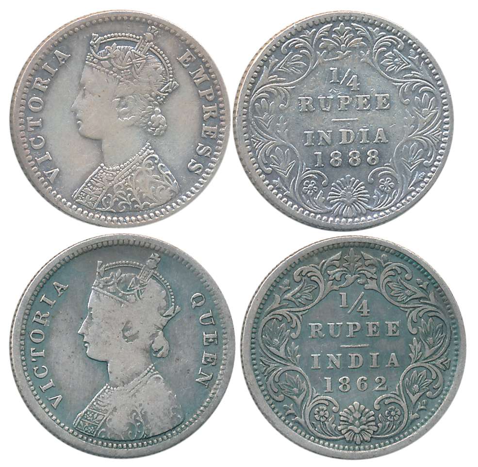 Victoria , Silver 1/4 Rupees (2), 1862 & 1888. Very fine. 2 coins.