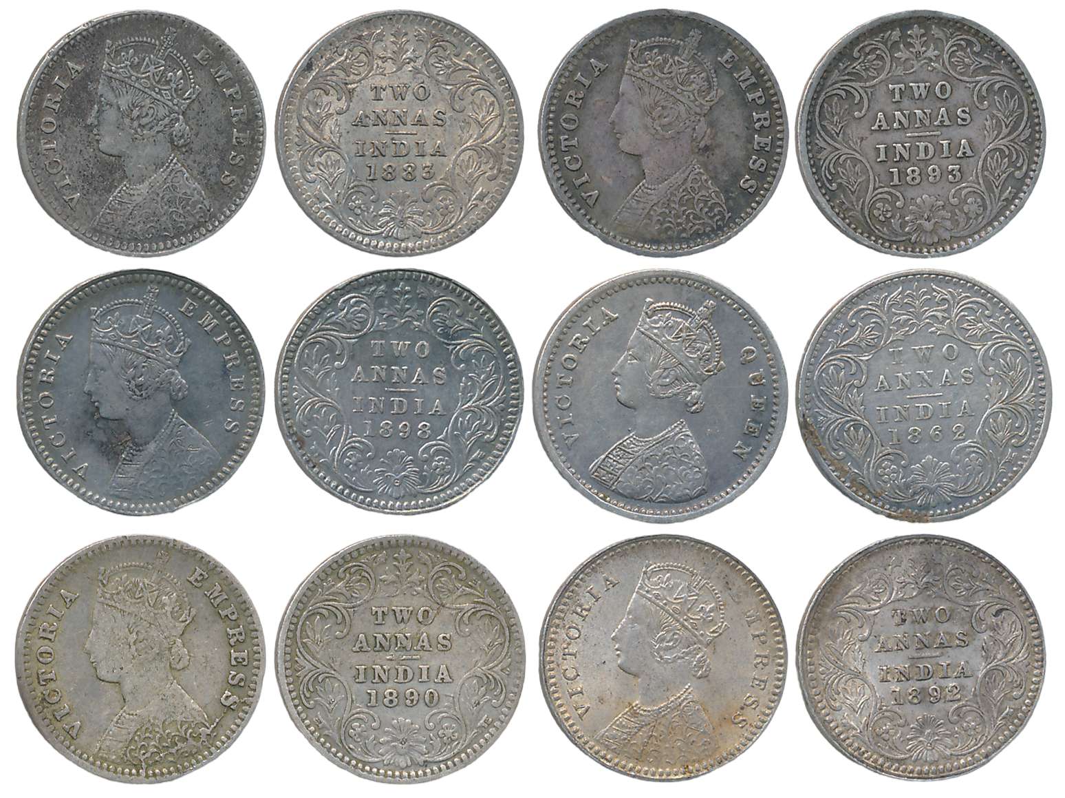 Victoria, Silver 2 Annas (6), 1862, 1883, 1890, 1892, 1893, 1898. Very fine to Very fine+.