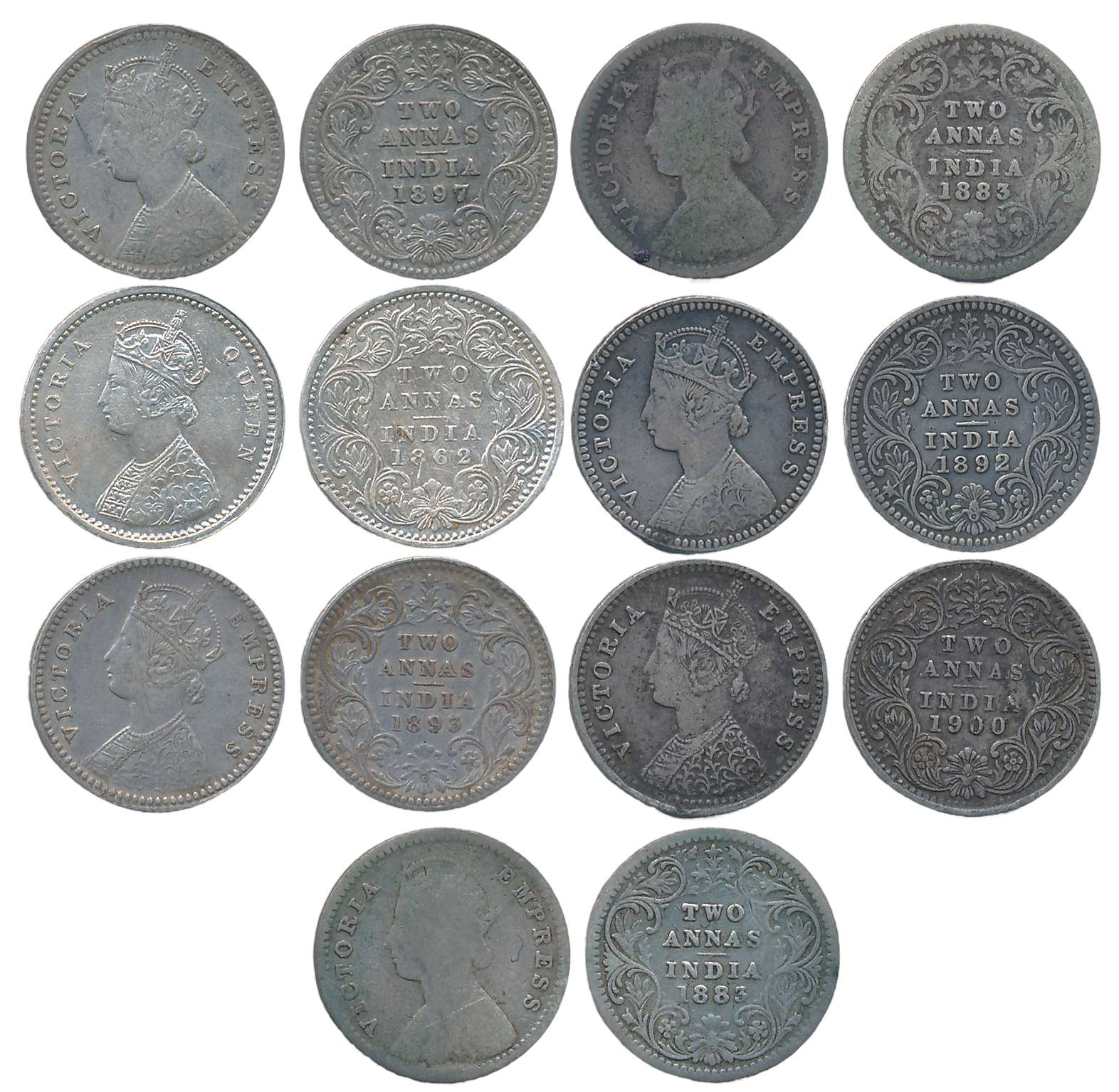 Victoria, Silver 2 Annas (7), 1862, 1883, 1883, 1892, 1893, 1897, 1900. About very fine to