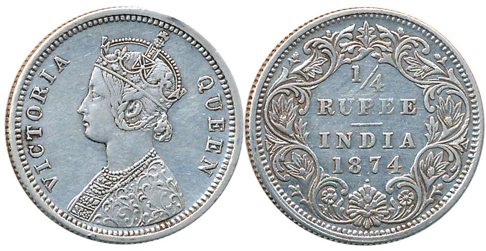 Victoria Queen, Silver 1/4 Rupee, 1874, Bombay Mint, Obv: Crowned bust to left, Rev: Denom
