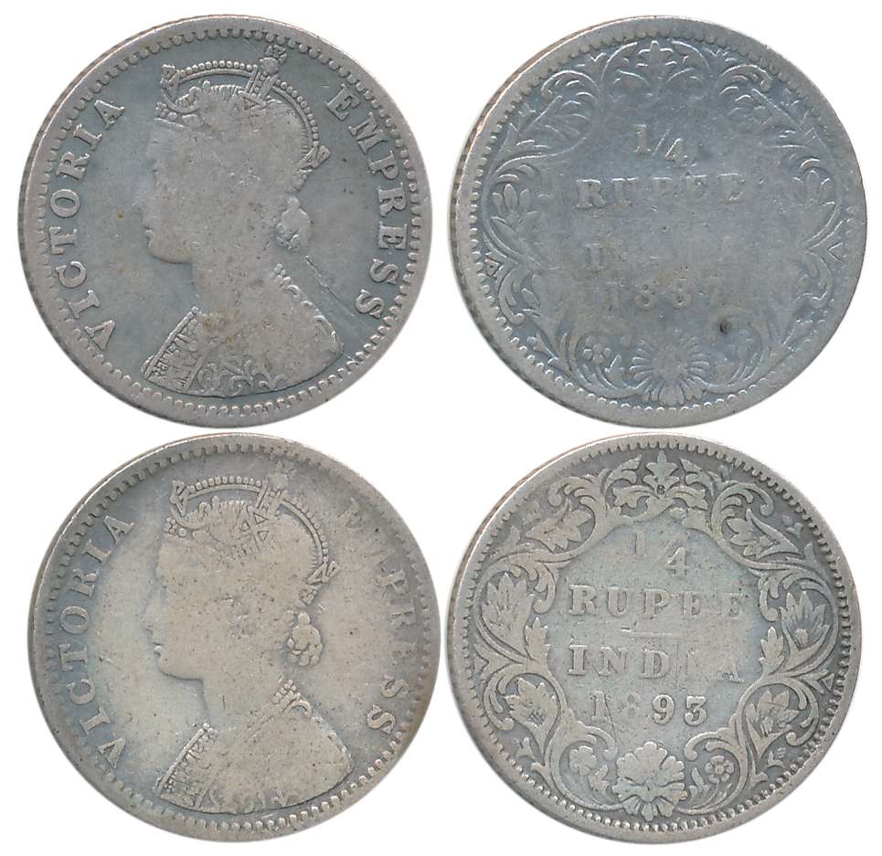 Victoria Empress, Silver 1/4 Rupees (2), 1887, 1893. Fine to fine+. 2 coins.