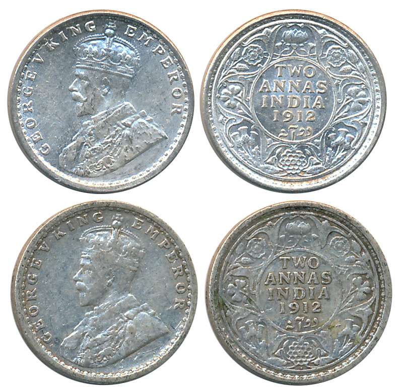 George V, Silver 2 Annas (2), 1912, Calcutta Mint & Bombay Mint, (Prid# 565, 571). Very fi