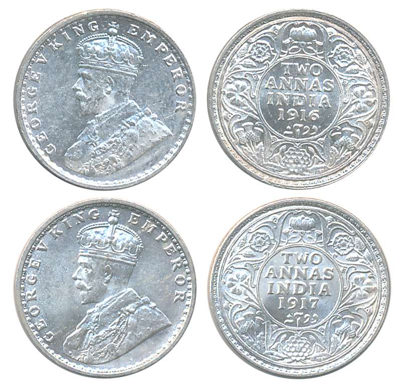 George V, Silver 2 Annas (2), Bombay Mint, 1913 (Prid# 572), Calcutta Mint, 1913 (Prid# 56