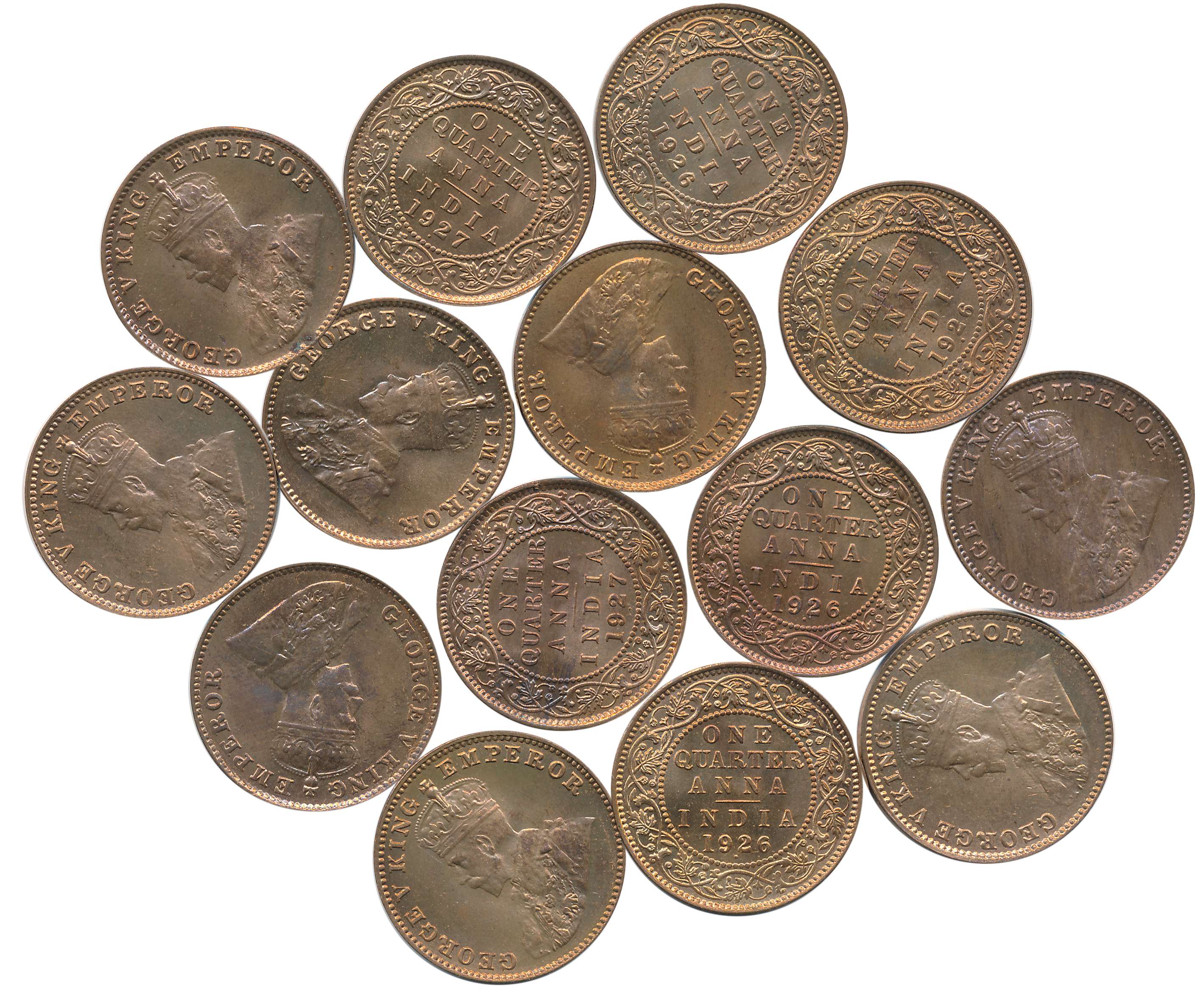 George V, Copper 1/4 Anna (14), 1926, In broken paper roll. Uncirculated.