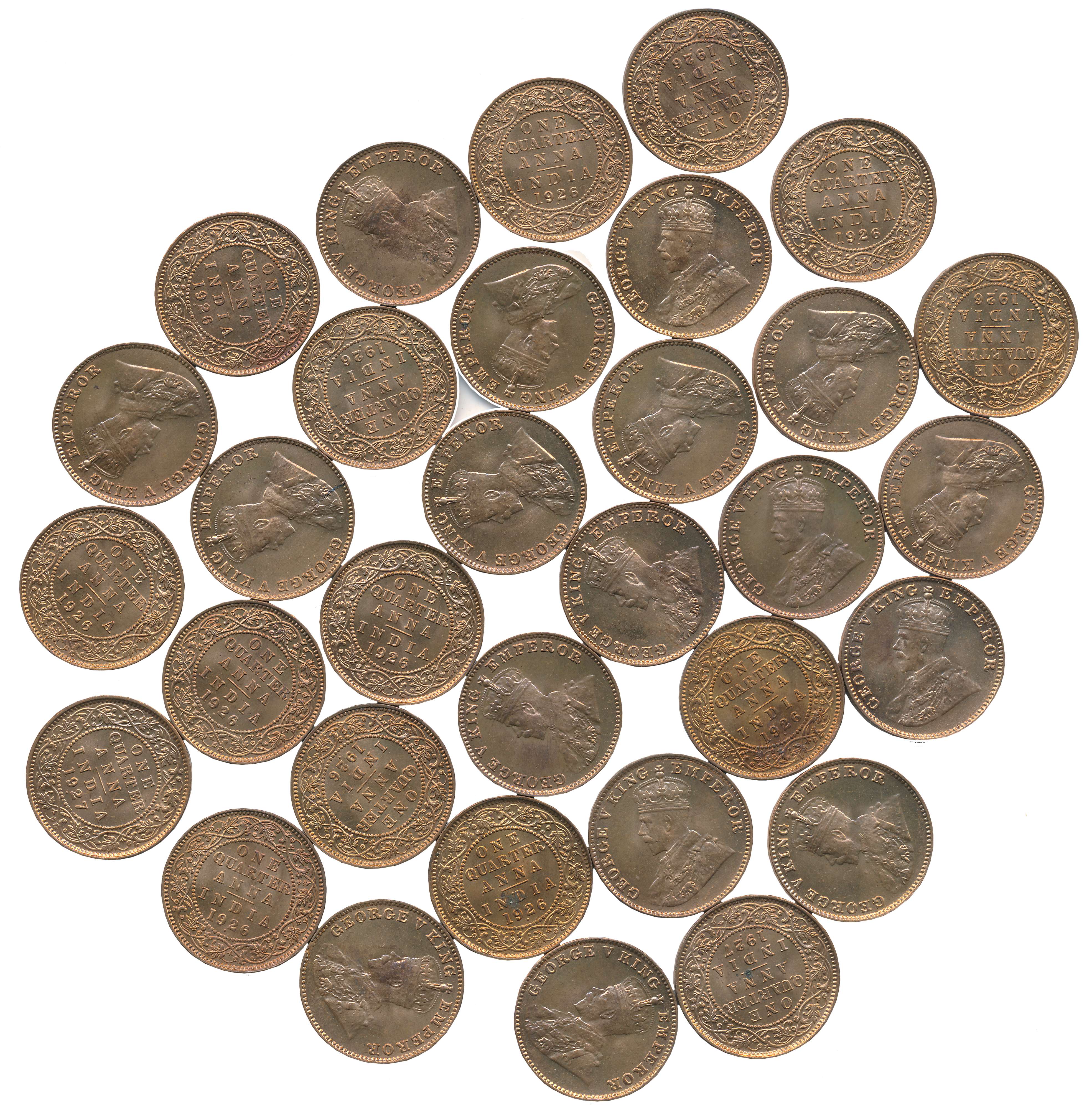 George V, Copper 1/4 Anna (32), 1926, In broken paper roll. Uncirculated.