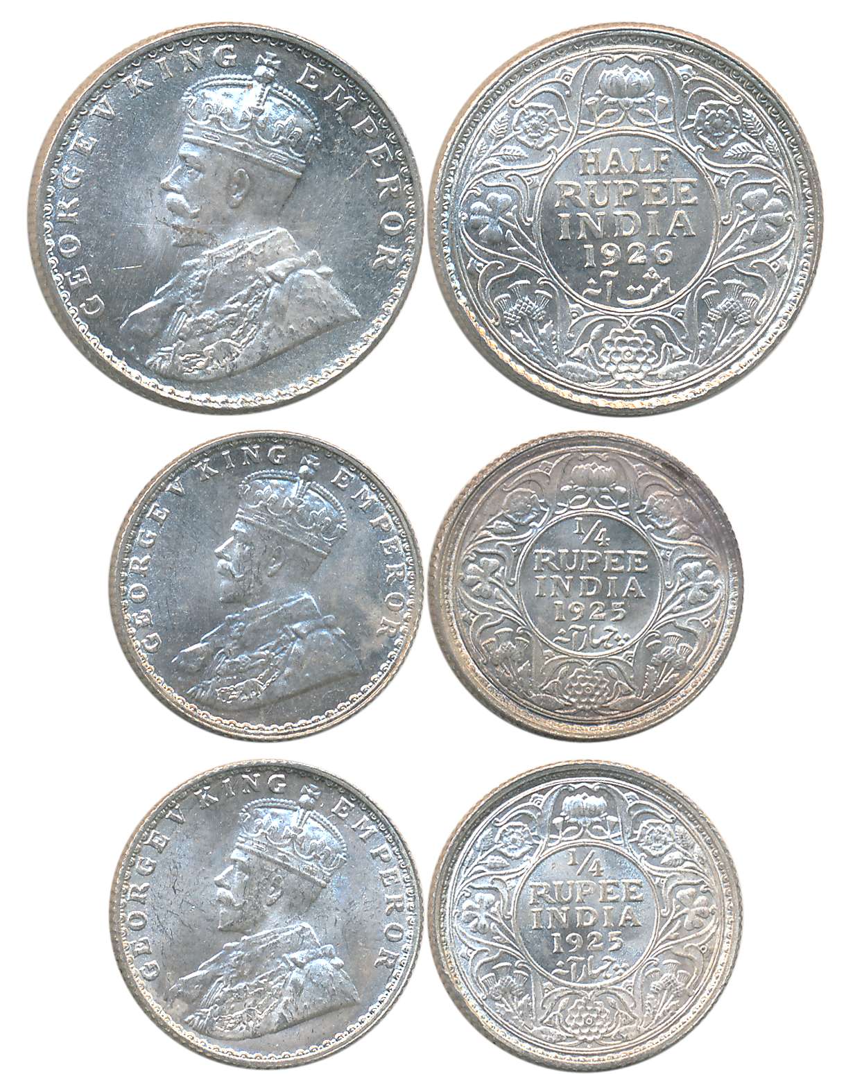 George V, Silver (3), 1/2 Rupee, 1926, 1/4 Rupees (2), 1925. Uncirculated. 3 coins.