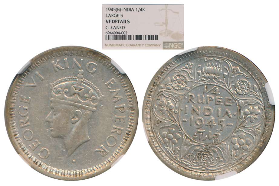 George VI, Silver 1/4 Rupee, “Large 5” type, 1945, Bombay Mint. Slab & Graded by NGC.