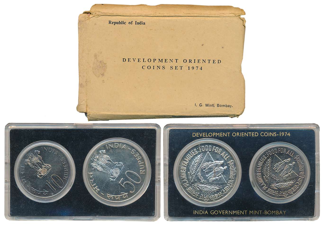 1974, Development Oriented Coins, Uncirculated set of 2, Rupees 50 & 10, “Planned Families