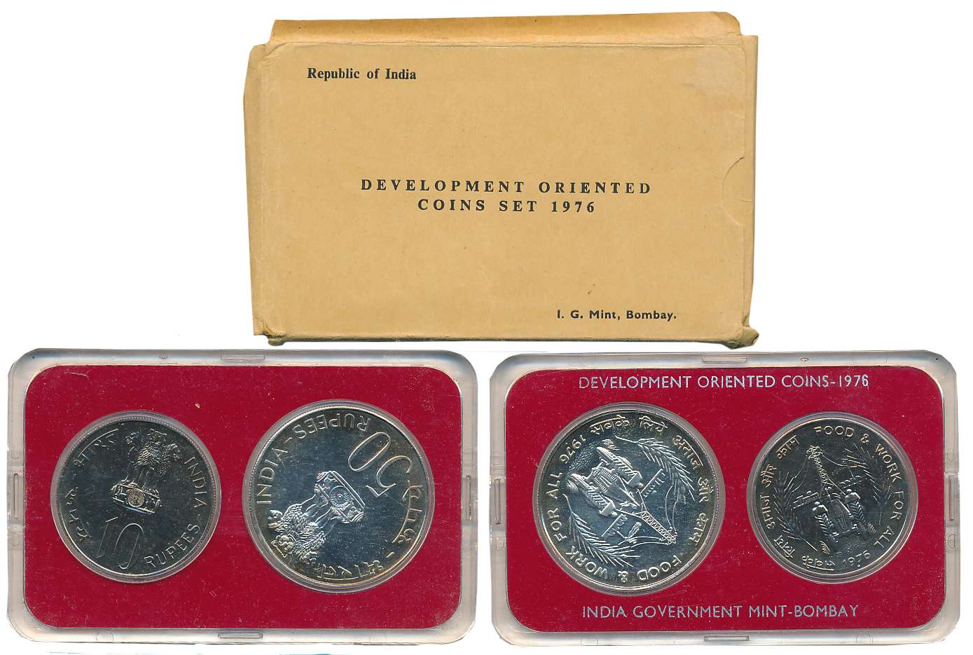 1976, Development Oriented Coins, Uncirculated Set of 2, Rupees 50 & 10, "Food & Work for 