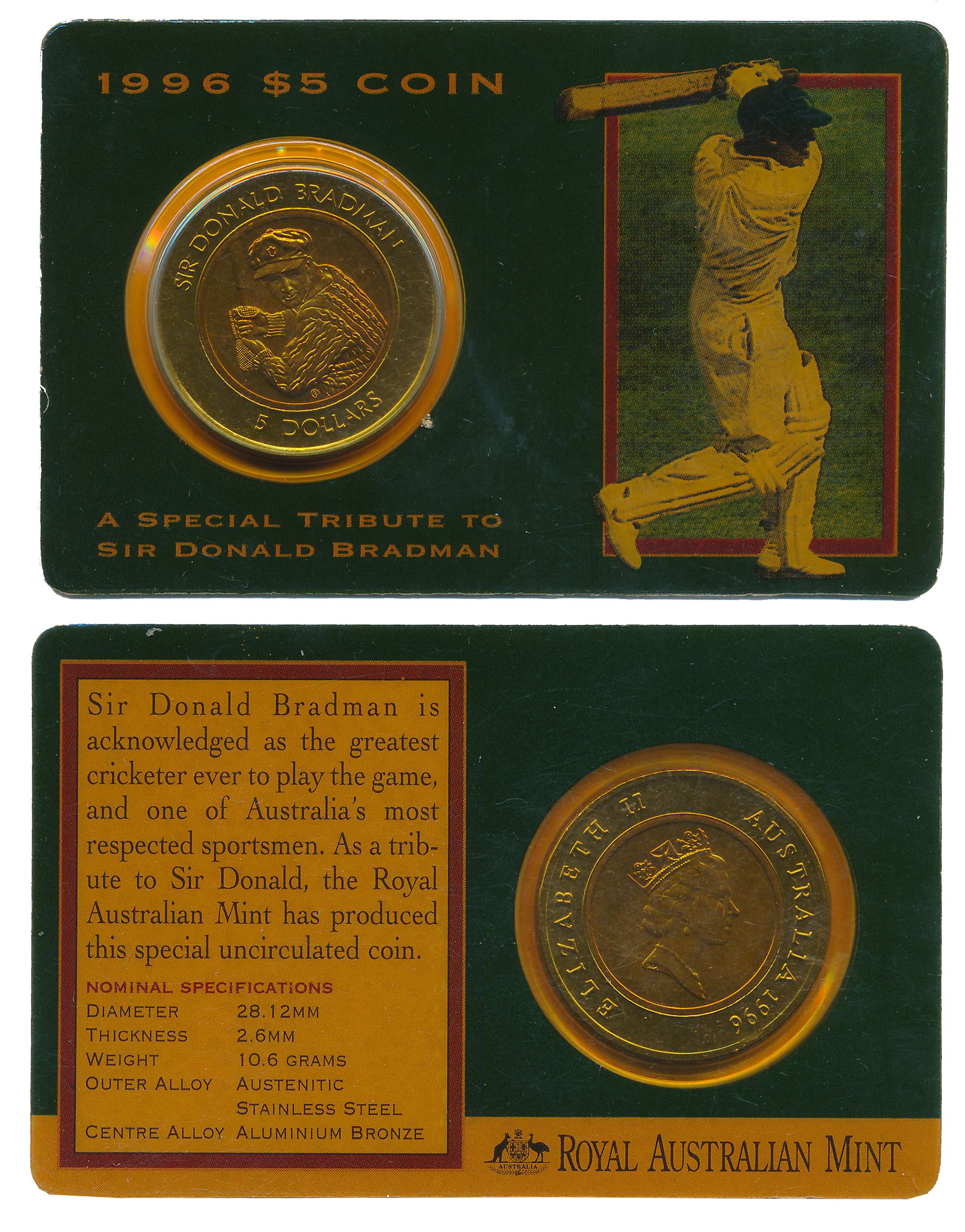 Australia, Bia Metal, 5 Dollars, Commemorating Sir Donald Bradman, 1996. In Acrylic card o