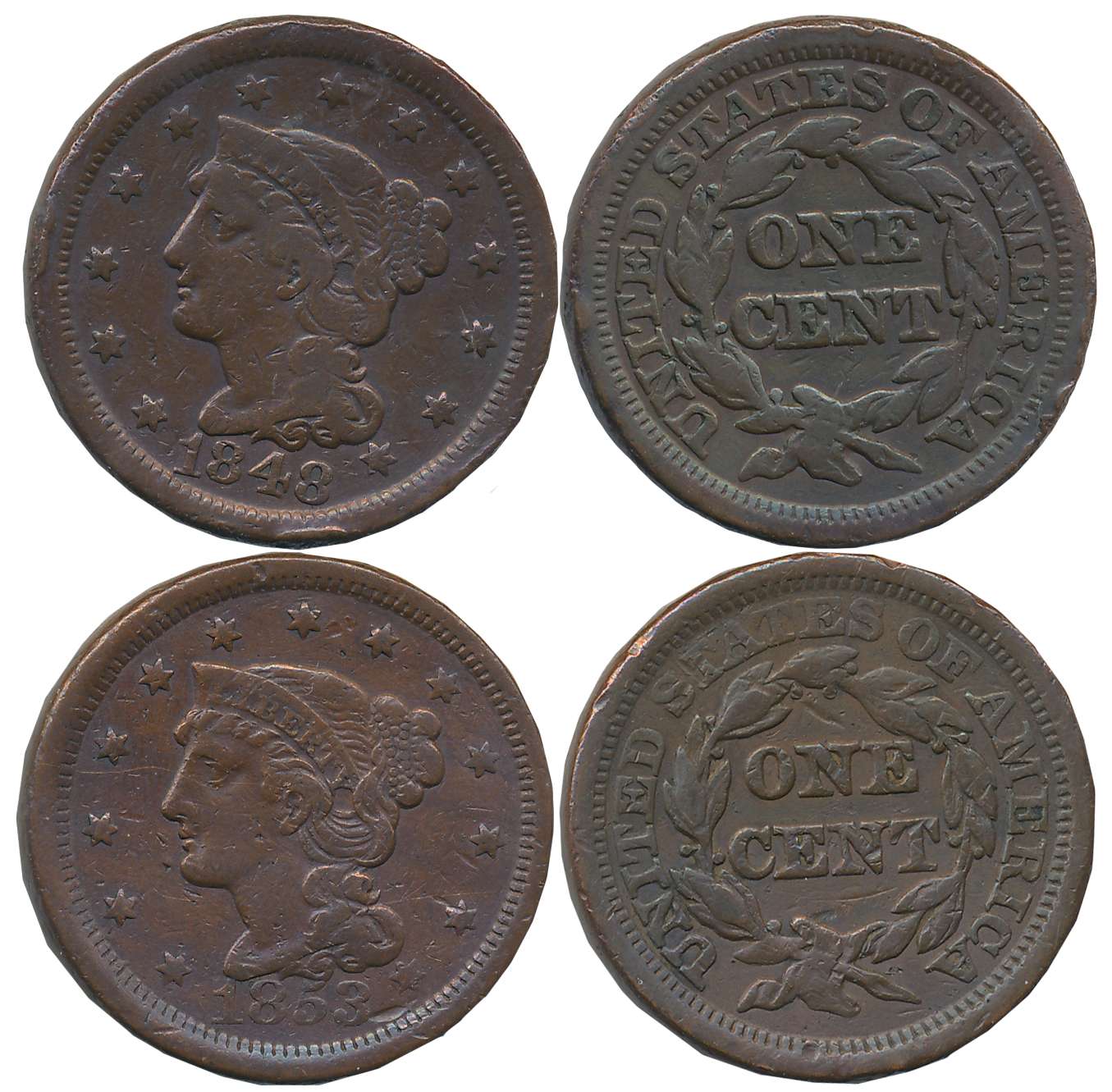 USA, Copper 1 Cent (2),10.20g, 10.49g, 1848, 1853. Very fine. 2 coins.