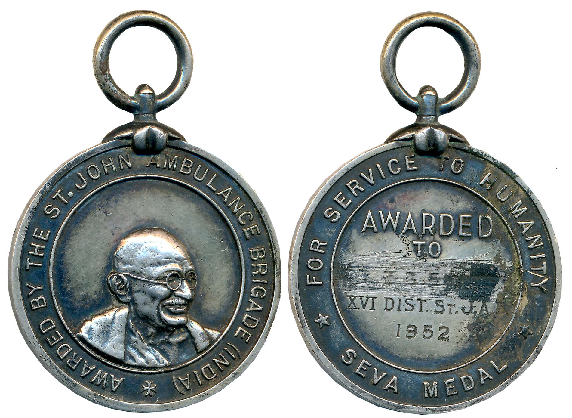 The St. John Ambulance Brigade (India) Silver Medal, 30.88g, 1952, Obv: Portrait of Mahatm
