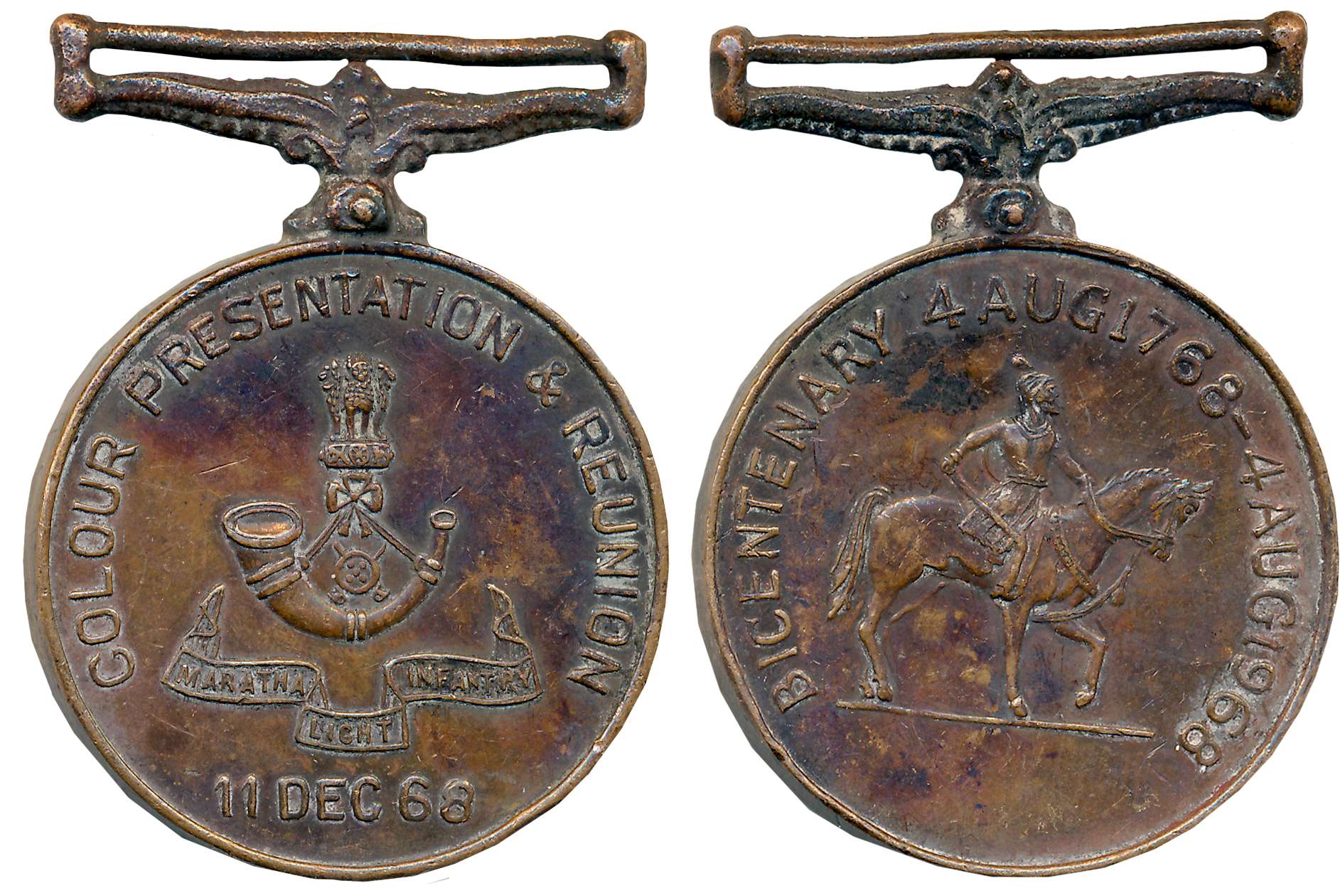 Maratha Light Infantry by Centenary Copper Medal, 32.28g, 4 August 1768- 4 August 1968, Ob