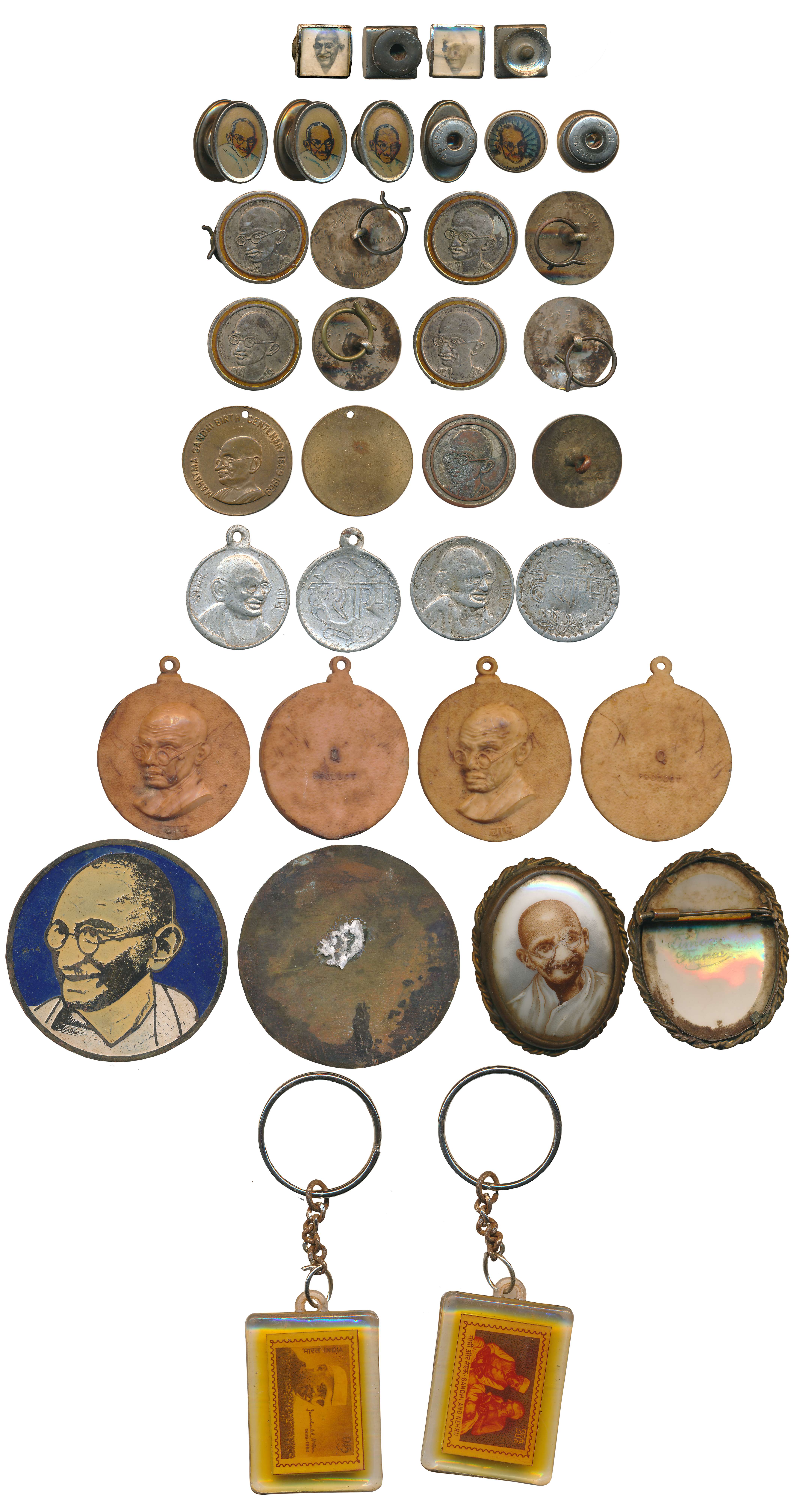 Various items including Tokens, Buttons, Broach depicting Mahatma Gandhiji. 17 items.