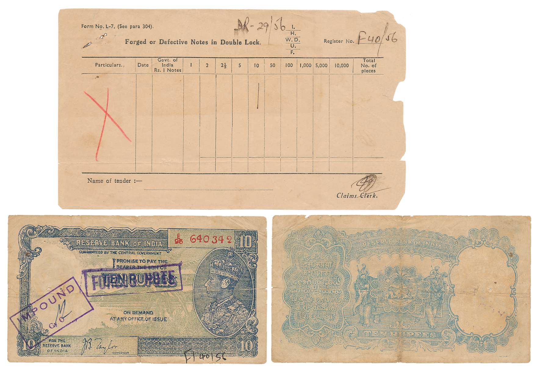 George VI, Rupees 10, Prefix E/95, Contemporary forgery Note with supporting documents. Fi