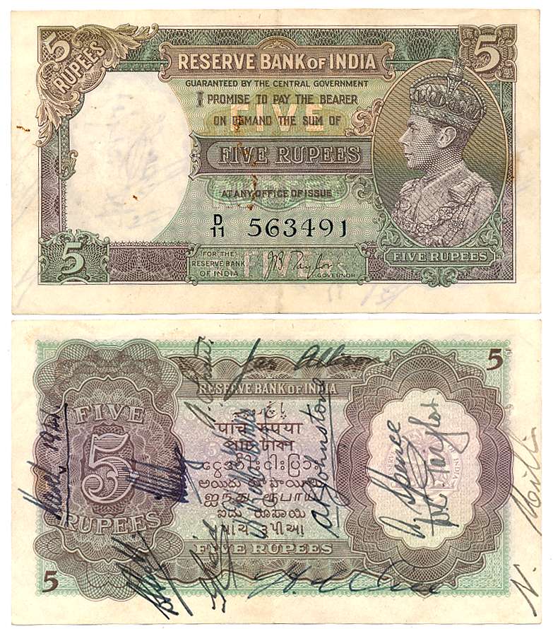 George VI, Rupees 5, 1st issue, Type 4.3, Signed J. B. Taylor, Prefix D/11 (R IPM# 4.3.1).
