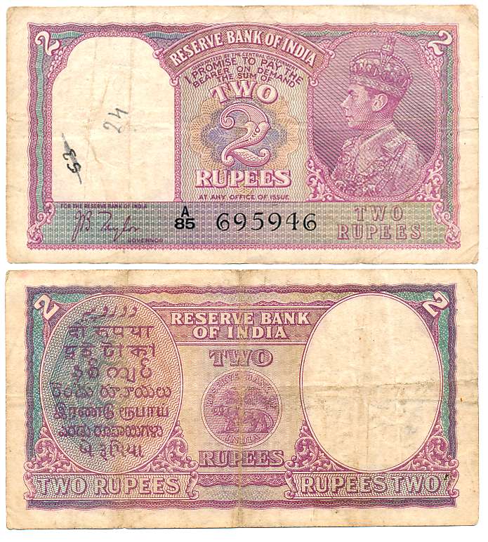 George VI, Rupees 2, Type 4.2, Signed J. B. Taylor, Prefix A/85, Serial number in Black (R