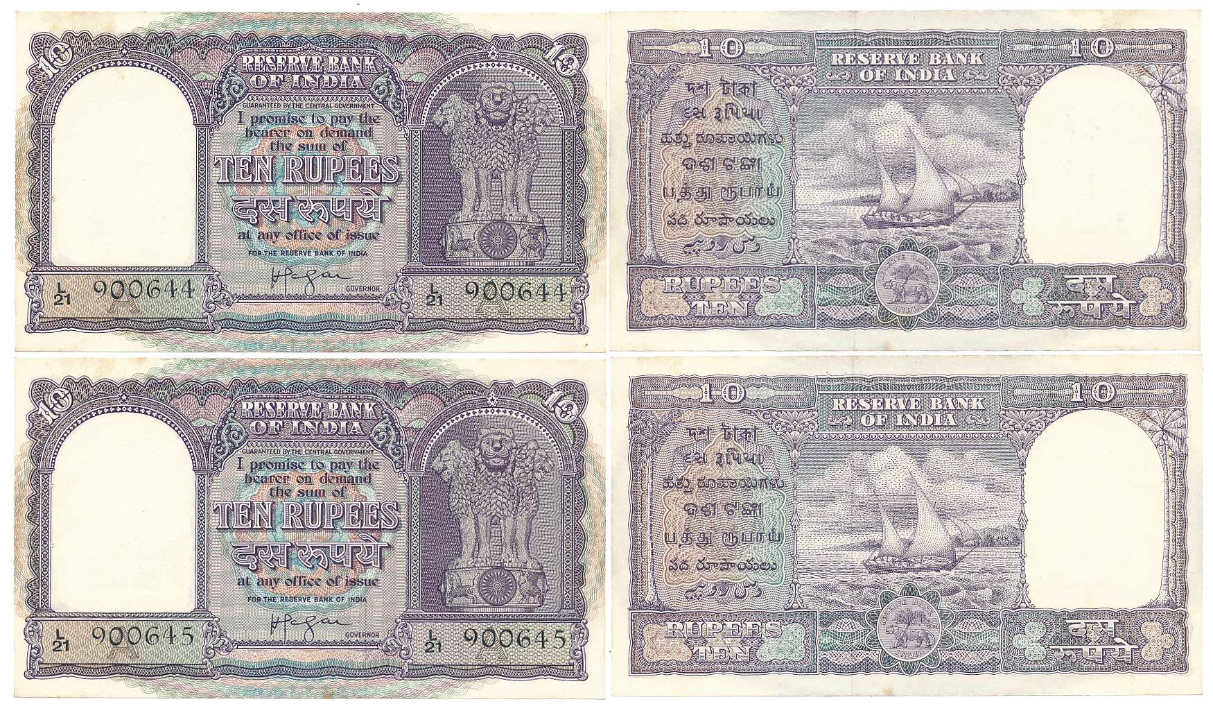 Rupees 10 (2), Signed by H. V. R. Iengar, Prefix L/21, Inset A (R IPM # 6.4.3.2A). Uncircu