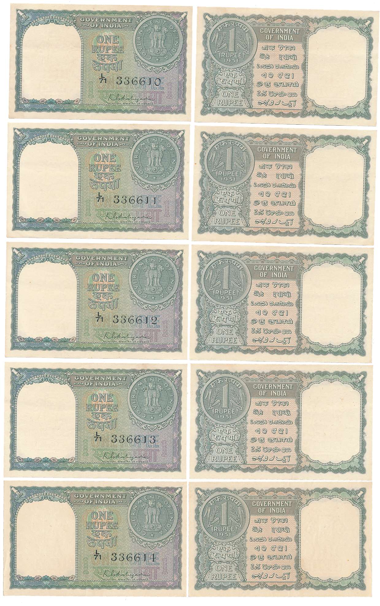 Rupee 1 (5 consecutive number), Type 6.1.3, 1951, Singed K G Ambegaonkar, Prefix L/71 (R I