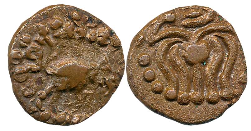 Later Pandyas, Maravarman Kulasekara Pandya II, Copper, 2.98g, Obv: A crude standing figur