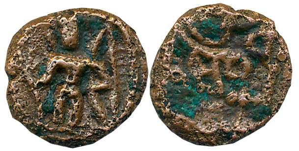 Naykas of Madurai, Copper, 1.82g, Obv: Lord Rama standing facing front, Bow in left hand a