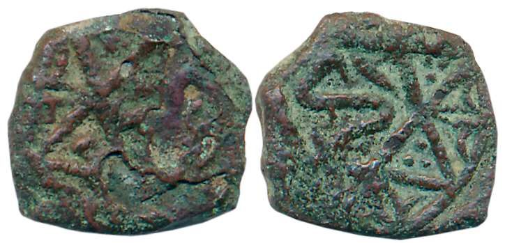 Akbar, Copper 1/8 Dam, 2.23g, “Sindh” type, Bakkar Mint, Obv: Name of Akbar, Rev: Mint nam