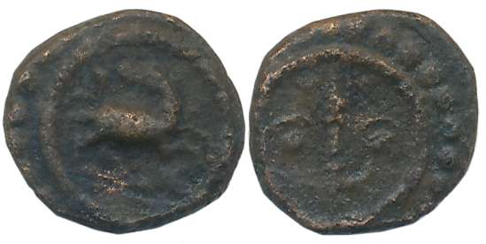 Copper Thira Cash, 1.19g, Obv: Deer to right head turned back, Rev: Stylised battleaxe fla