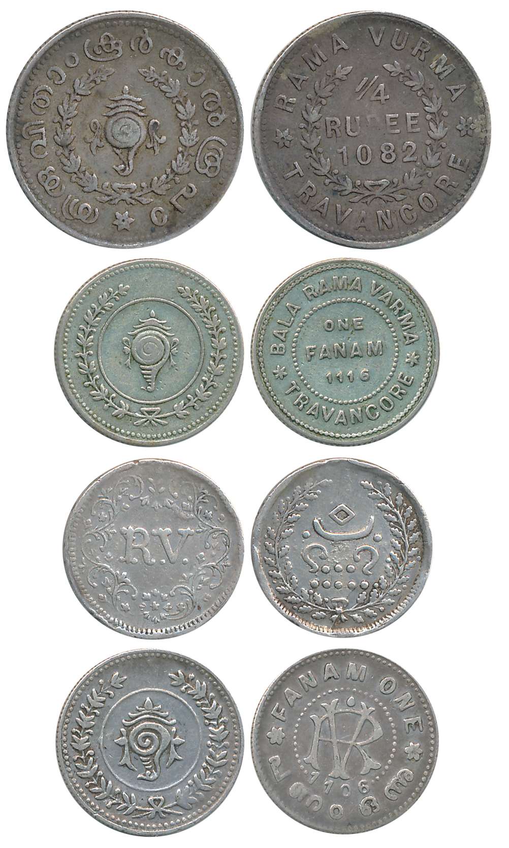 Silver (4), Rama Varma IV, Silver (2), Velli Fanam, ND, Obv: Large “RV” in wreath, Rev: Va