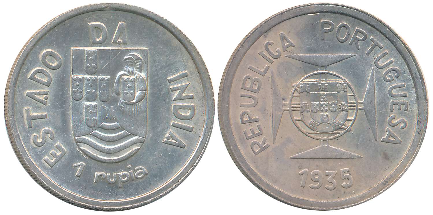 Silver Rupia, 1935, Obv: Shield on lined circle at centre of Maltese cross, Rev: Divided s