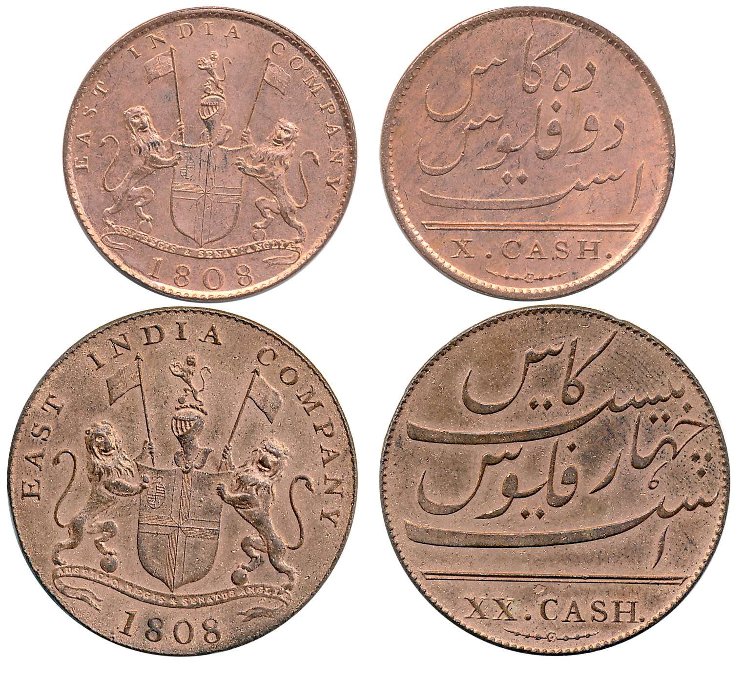 Copper (2), 20 Cash & 10 Cash, 9.31g, 4.67g, 1808, Soho Mint, Obv: Arms of the Company wit