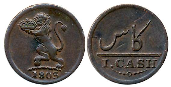 Copper, Cash, 0.63g, Soho Mint, 1803, Obv: The Company’s crest of a rampant Lion facing le