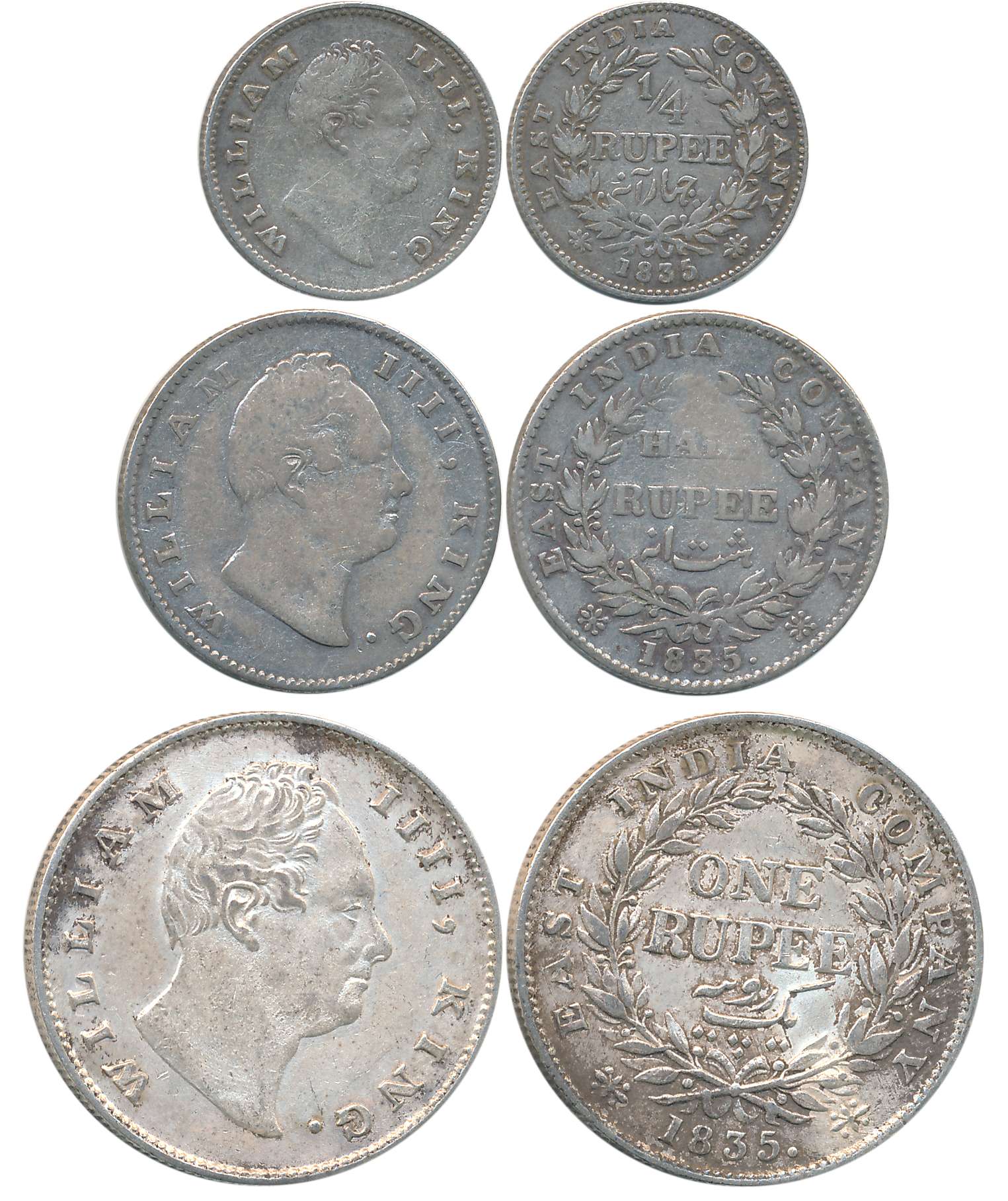 William IIII, Silver (3), Rupee, 1/2 Rupee & 1/4 Rupee, 1835. Very fine to very fine+. 3 c