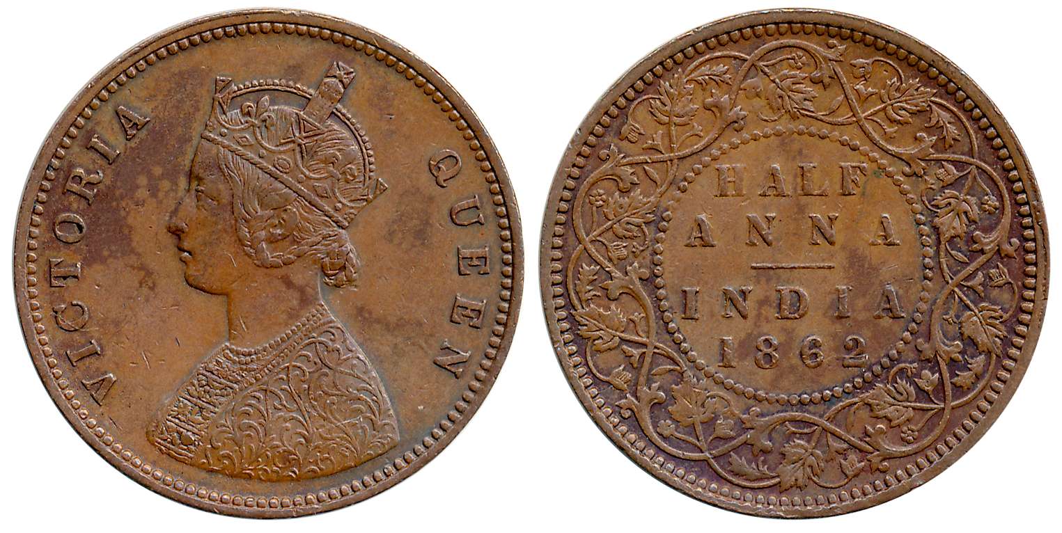 Victoria Queen, Copper 1/2 Anna, 12.48g, 1862, Obv: Portrait of Victoria Queen facing left