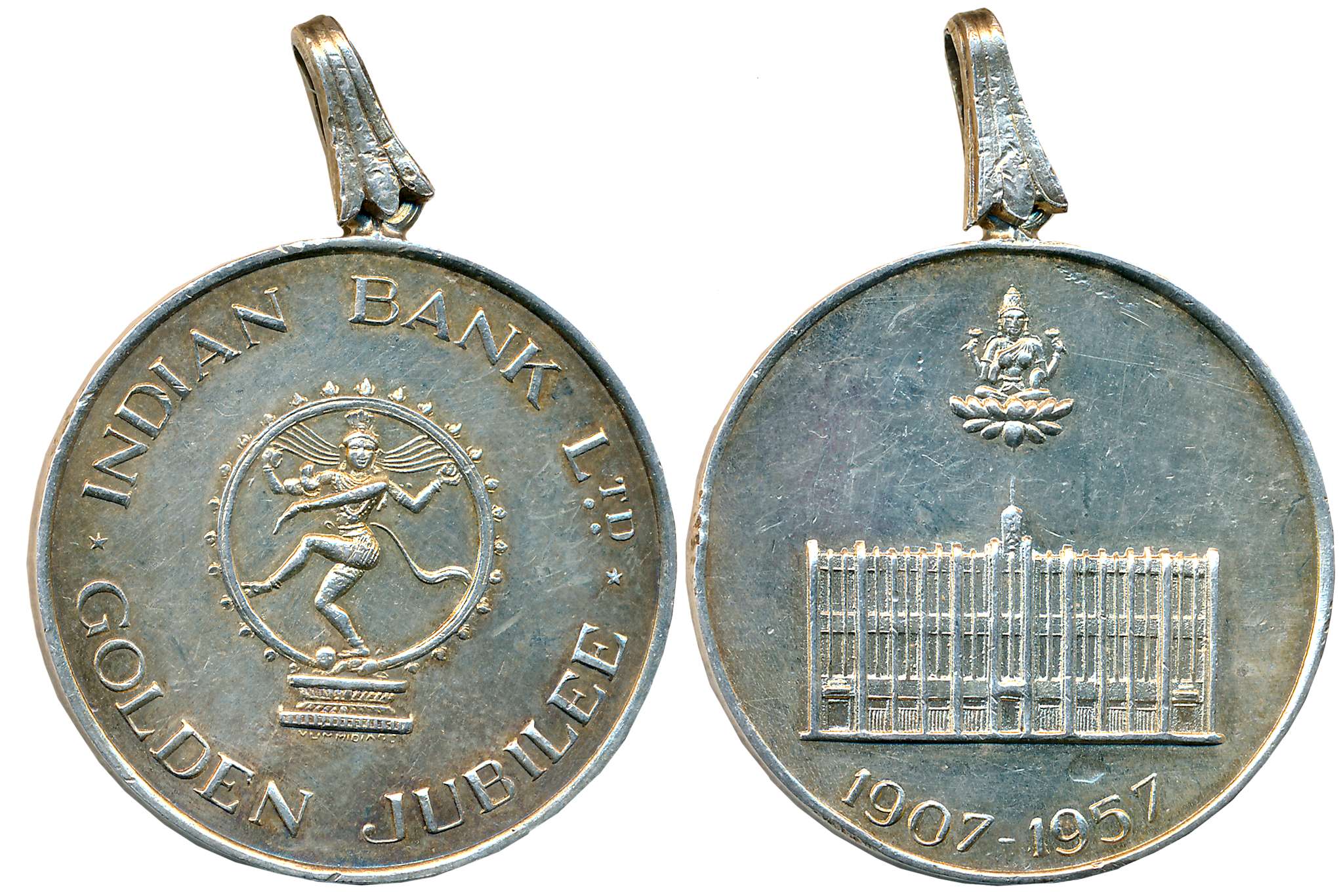 Indian Bank Golden Jubilee Silver Token, 30.74g, 1907-1957. With suspender loop, very fine