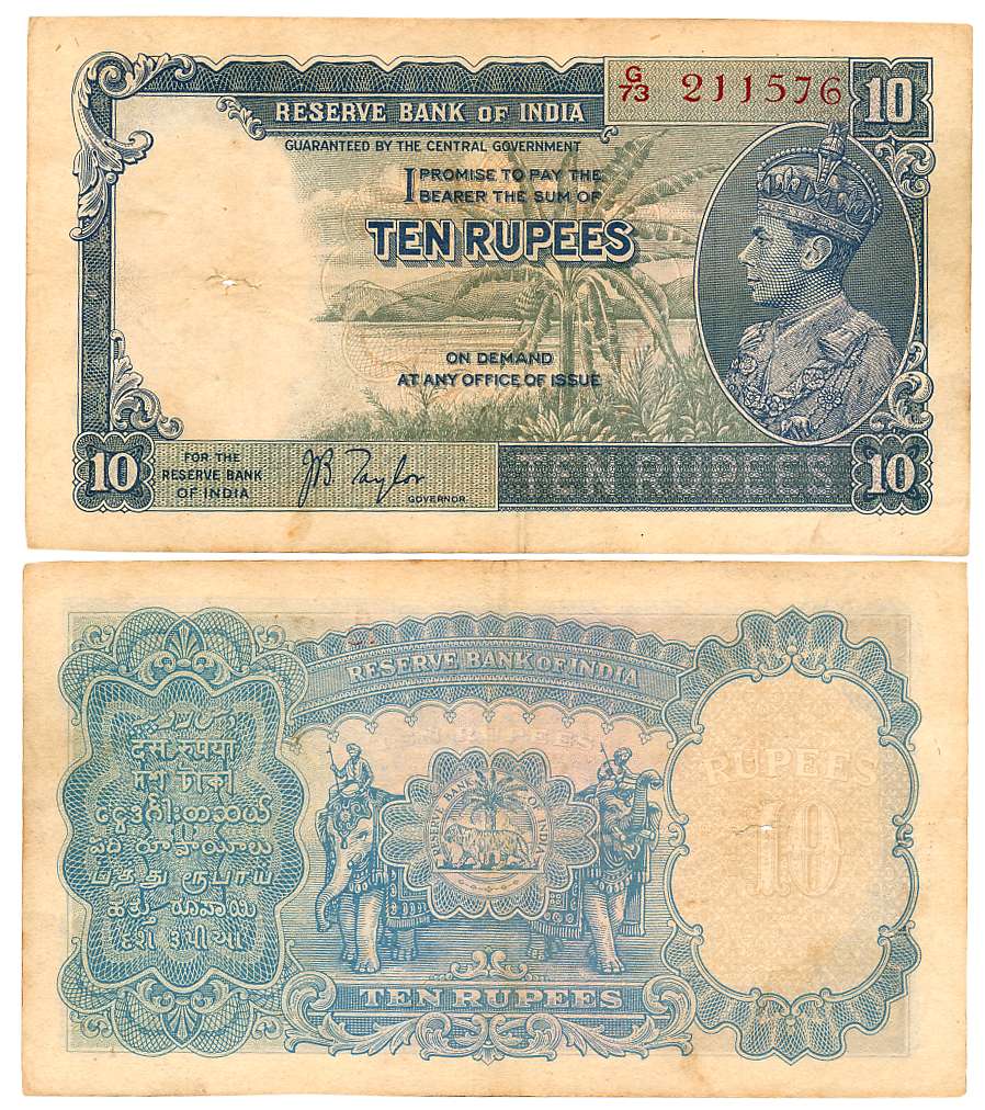 George VI, Rupees 10, 1st issue, Type 4.5, Signed J. B. Taylor, Prefix G/73 (R IPM# 4.5.1)